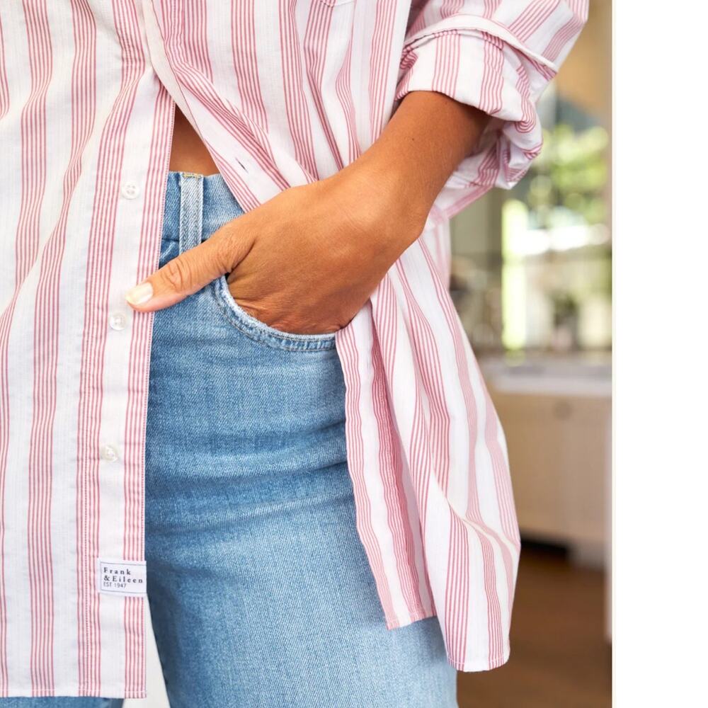 Frank & Eileen Shirley Oversized Button Up Italian Cotton Red Stripe Size Medium - Picture 7 of 14